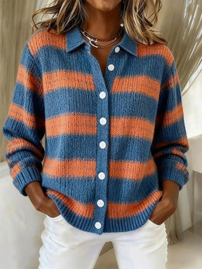 Winter Cardigan Blau Orange gestreift – warm & stylisch