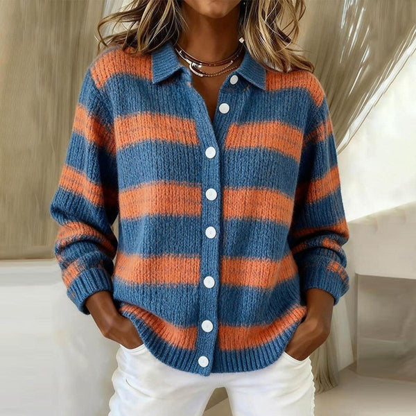 Winter Cardigan Blau Orange gestreift – warm & stylisch