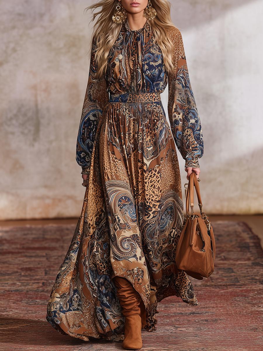 Winter-Boho-Chic: Maxi-Kleid mit Brauner Bohemian-Print für kalte Tage