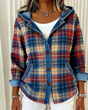 Herbstlicher Blue Plaid Denim Hoodie Coat - Trendiger Wärmespender