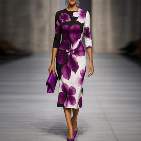 Floral Print Midi-Kleid mit Langarm - Eleganter Herbstsstil für jede Figur