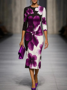 Floral Print Midi-Kleid mit Langarm - Eleganter Herbstsstil für jede Figur
