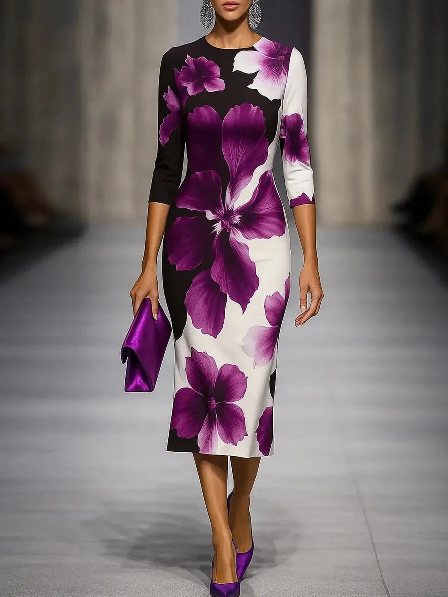 Floral Print Midi-Kleid mit Langarm - Eleganter Herbstsstil für jede Figur
