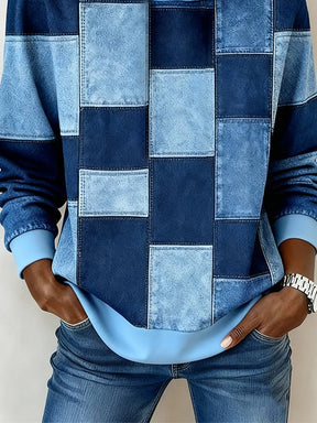 Damen Winter Hoodie Sweatshirt Patchwork Blau Kapuze Warm