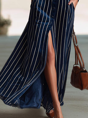 Winterliches Maxi-Kleid mit Streifen und Schlitz - Eleganz trifft Komfort