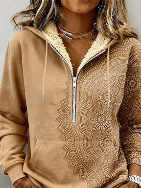 Winter Boho Hoodie Camel mit Mandala Print und Teddyfutter