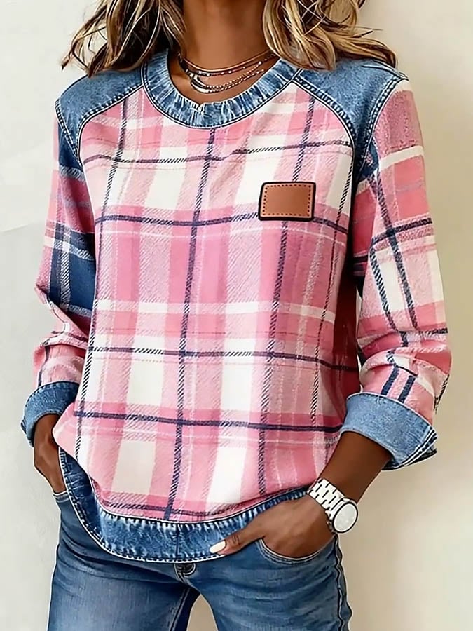 Kuscheliges Winter Sweatshirt Damen rosa Karo Denim Mix