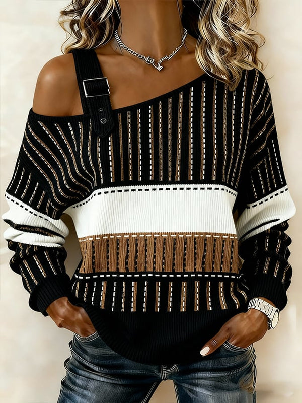 Winter One-Shoulder Stricktop Damen gestreift S-5XL