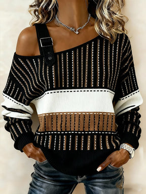 Winter One-Shoulder Stricktop Damen gestreift S-5XL