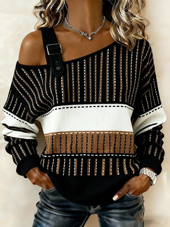 Winter One-Shoulder Stricktop Damen gestreift S-5XL