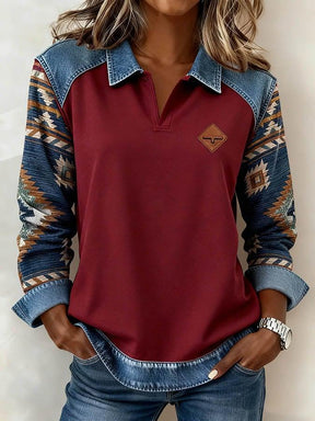 Red Aztec Print Patchwork Denim Sweatshirt - Winterlicher Streetwear Stil