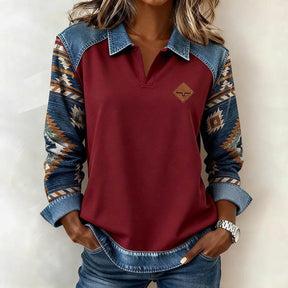 Red Aztec Print Patchwork Denim Sweatshirt - Winterlicher Streetwear Stil