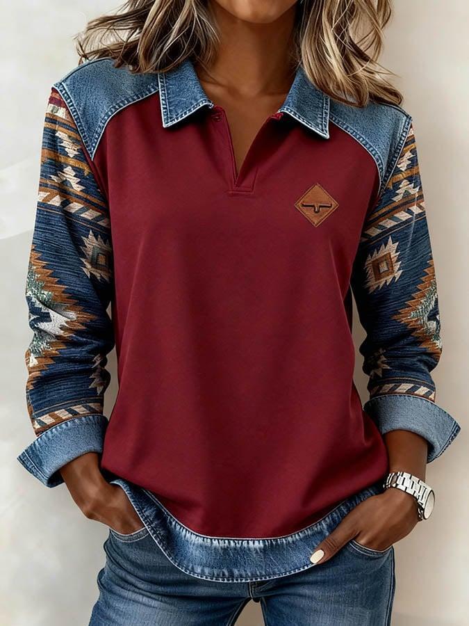 Red Aztec Print Patchwork Denim Sweatshirt - Winterlicher Streetwear Stil