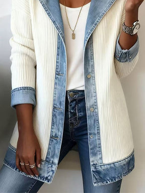 Damen Winter Patchwork Mantel Strick Denim Look Streetstyle