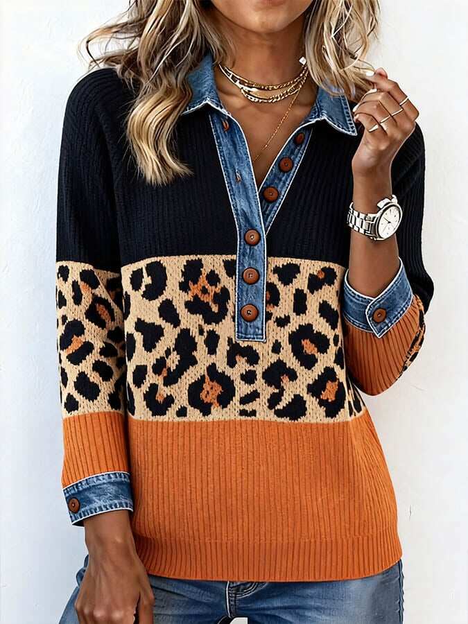 Winter Must-Have: Leoparden-Print-Pullover mit Denim-Kragen für stylischen Komfort