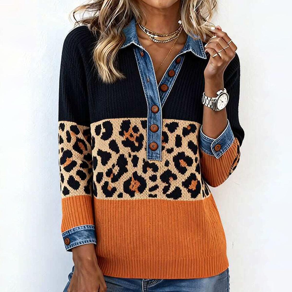 Winter Must-Have: Leoparden-Print-Pullover mit Denim-Kragen für stylischen Komfort