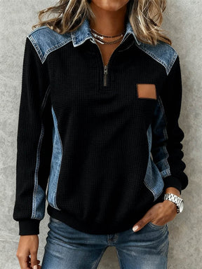 Winter Damen Waffelstrick Pullover Loose Fit mit Denim-Details