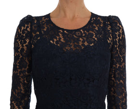 Dolce & Gabbana Blaues Taormina Etuikleid aus geblümter Spitze