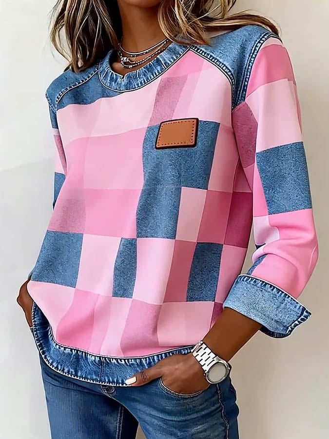 Damen Winter Patchwork Sweatshirt Rosa Denim Casual Pullover