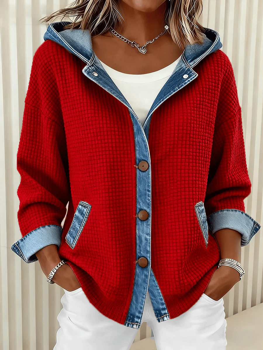 Winter Damen Kapuzenjacke rot denimlook warm & casual