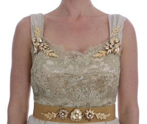 Dolce & Gabbana Goldfarbenes, kristallverziertes Seidenkleid