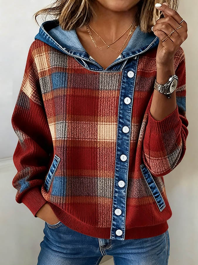 Damen Winter Hoodie kariert mit Kapuze warmes Sweatshirt