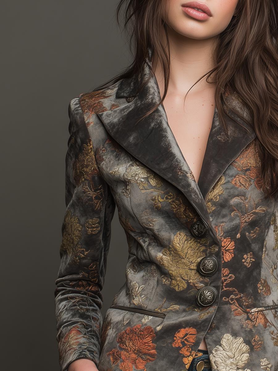 Herbstzauber: Vintage Velvet Blazer mit floraler Stickerei - Luxus & Komfort