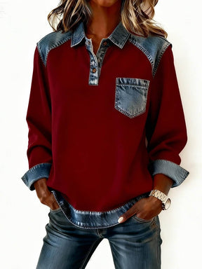 Winter Damen Denim Patchwork Pullover Sweatshirt Rot Warm