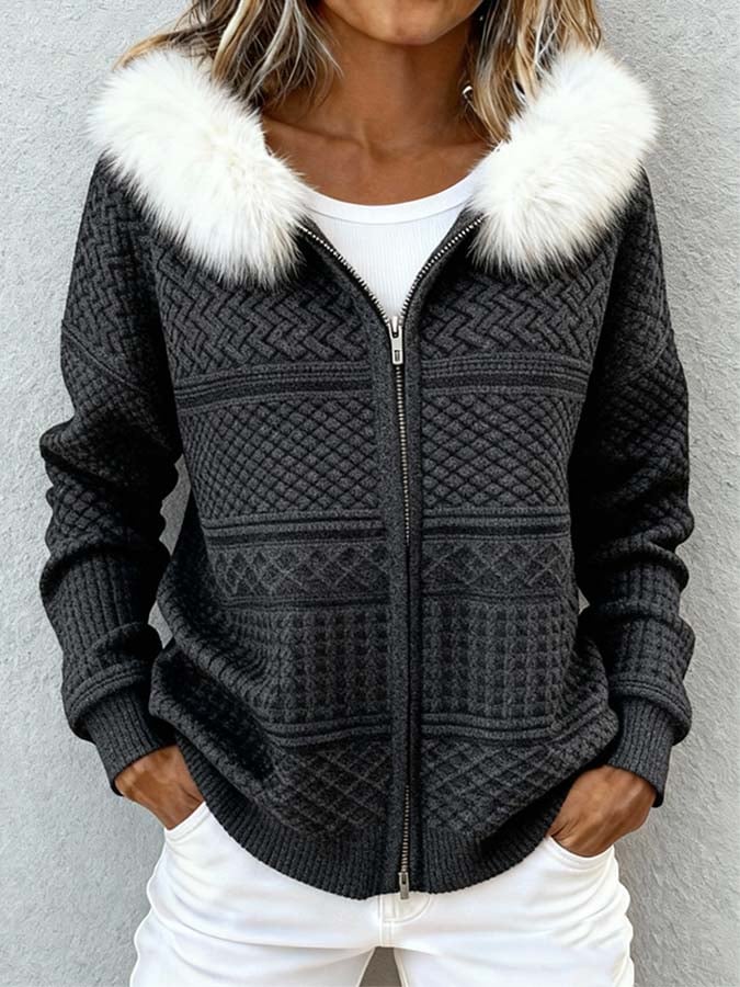 Kuschelige Winter Damen Patchwork Jacke mit Fellkapuze