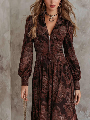 Retro Long Sleeve Brown Maxi Dress - Eleganz & Komfort für den Herbstslook