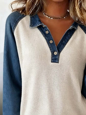 Winter Waffle Longsleeve mit Denim-Ärmeln für Damen