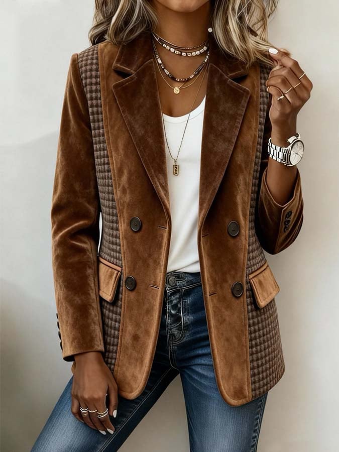 Retro Brown Plaid Long Sleeve Blazer: Eleganter Winterbegleiter mit Vintage-Charme
