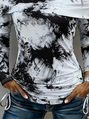 Off-Shoulder Winter Longsleeve Schwarz-Weiß Tie-Dye Shirt