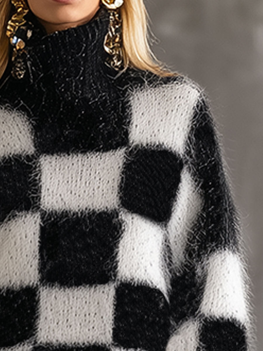 Herbst-Hit: Oversized Schachbrett-Pullover in Schwarz-Weiß - Warm, Chic & Bequem