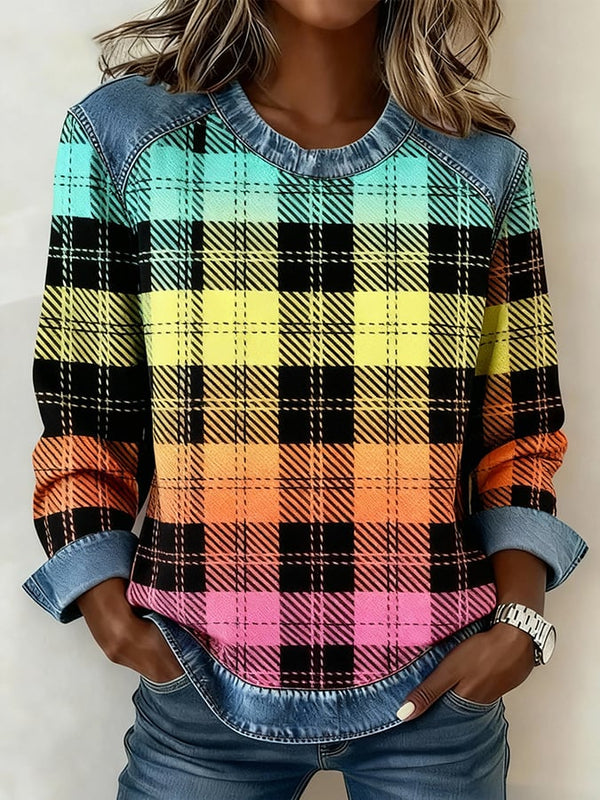 Bunter Winter Pullover Damen mit Karomuster und Denim Patchwork