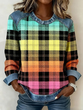 Bunter Winter Pullover Damen mit Karomuster und Denim Patchwork