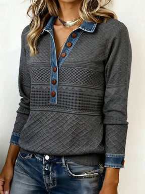 Kuscheliges Winter Damen Patchwork Top mit Denim-Kragen