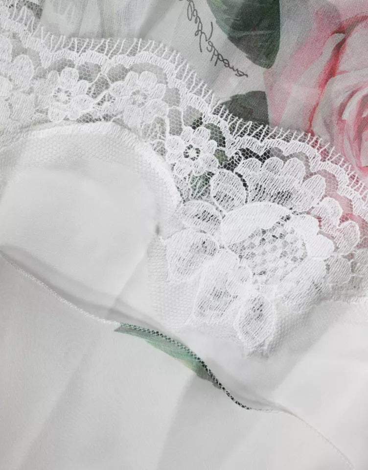 Dolce & Gabbana Weißes Midikleid mit Blumendruck aus Seide in A-Linie