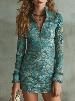 Blaues Winter Party Kleid mit Blumenprint und langen Ärmeln