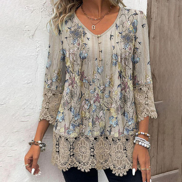 Winter Boho Longsleeve Apricot mit Spitze und Blumenprint