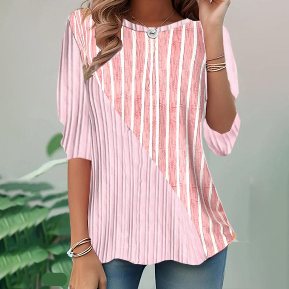Herbstshaftes Pink Striped Round Neck Top - Stil trifft Komfort