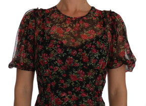 Dolce & Gabbana Schwarzes geblümtes Rosen-A-Linien-Shiftkleid