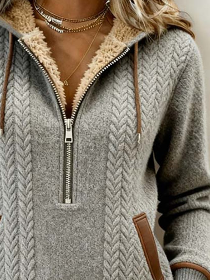 Gefütterter Damen Zipper Hoodie Winter Kuschelpullover Grau