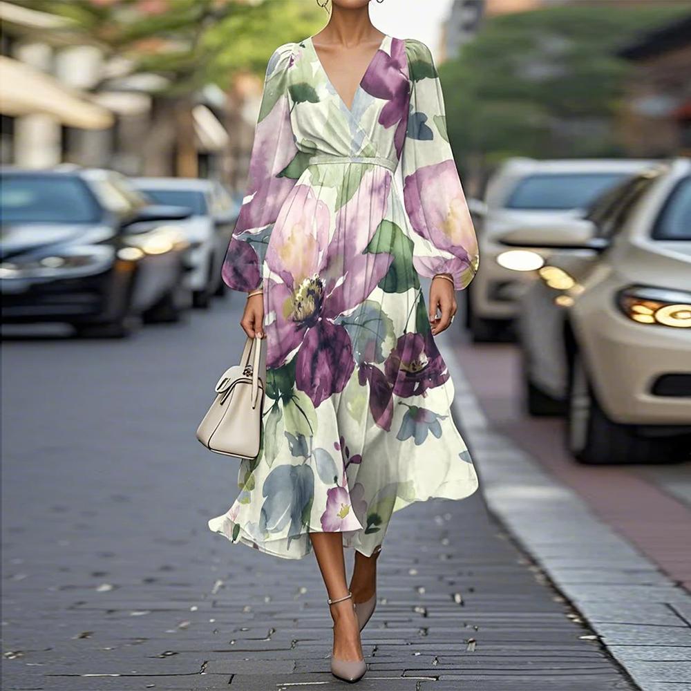 Florales V-Ausschnitt Midi-Kleid: Komfort & Eleganz für den Frühling