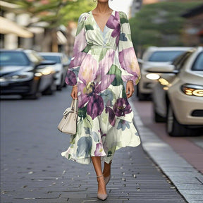 Florales V-Ausschnitt Midi-Kleid: Komfort & Eleganz für den Frühling