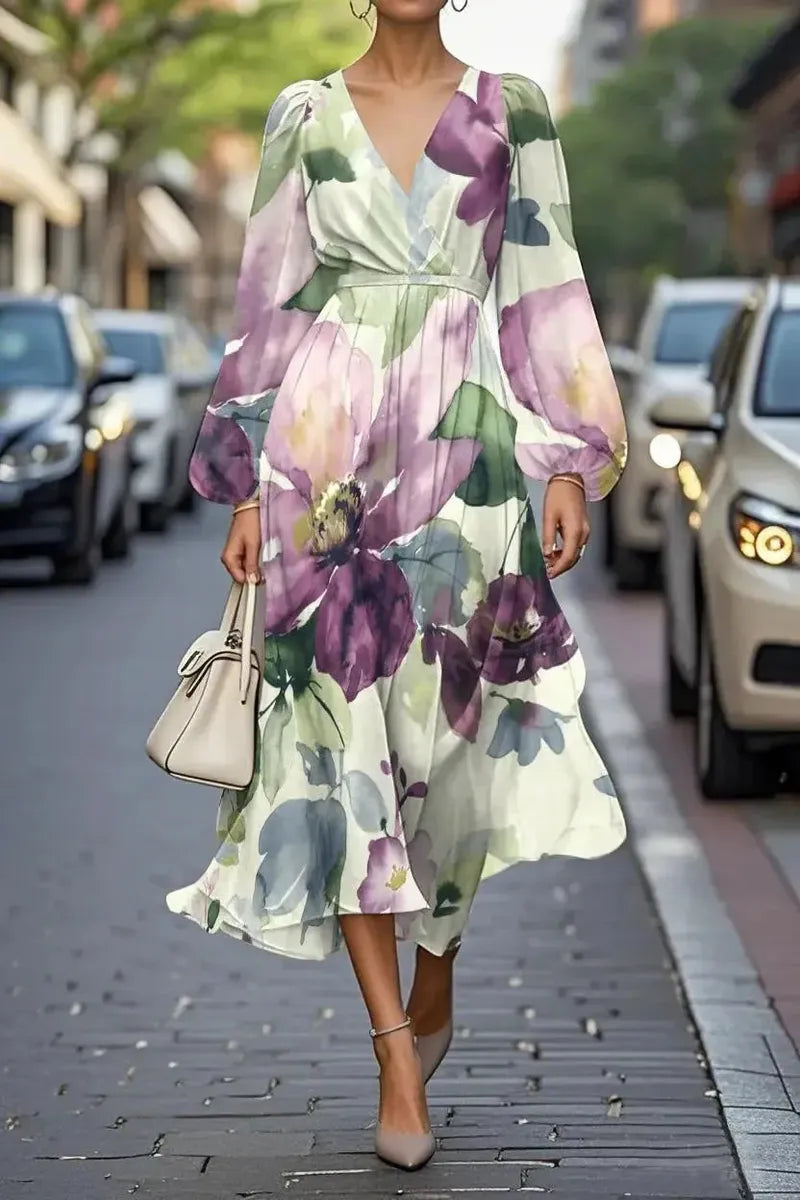 Florales V-Ausschnitt Midi-Kleid: Komfort & Eleganz für den Frühling