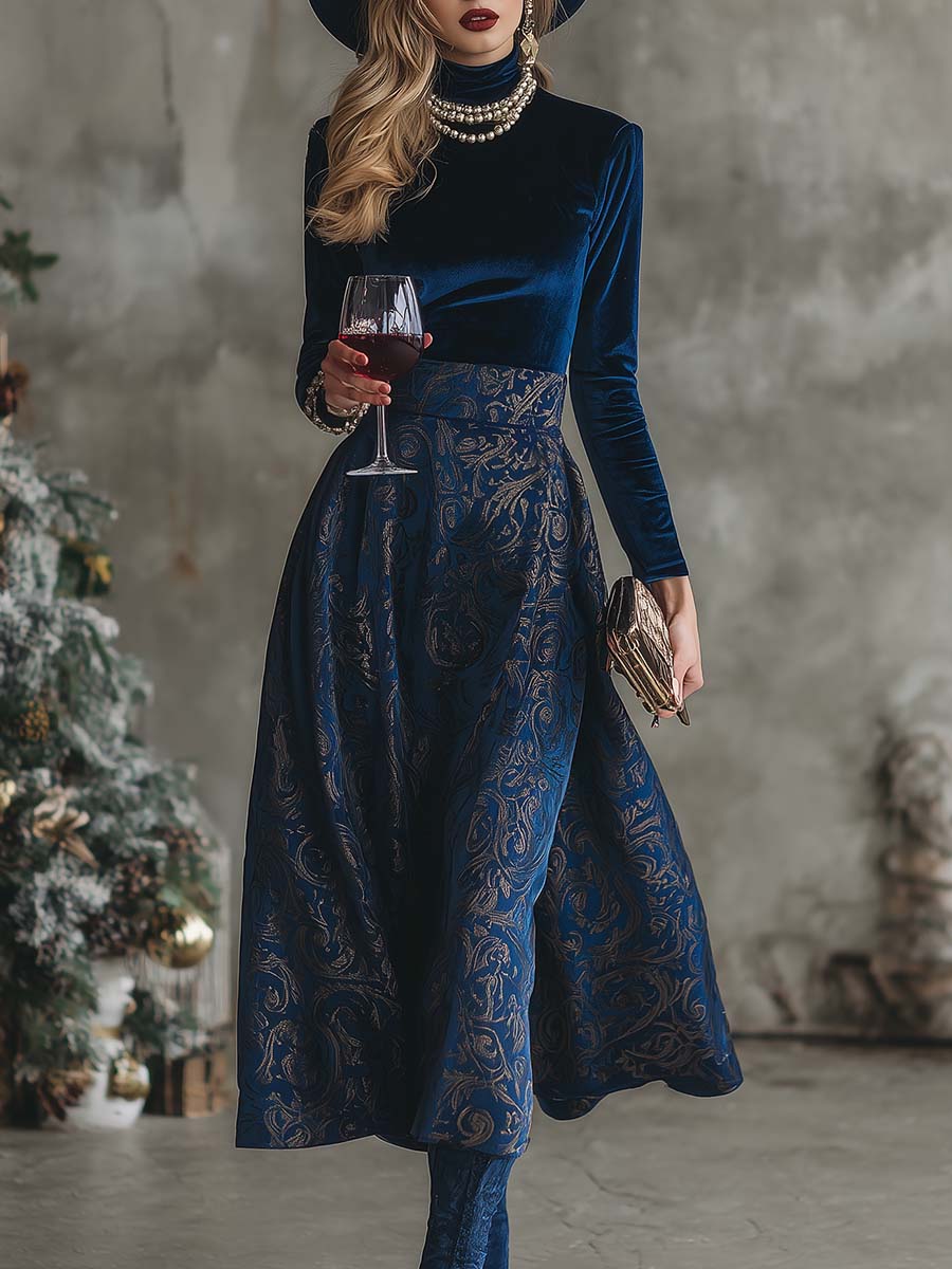 Herbstzauber: Blue Velvet Mock Neck Midi-Kleid – Eleganz trifft Komfort