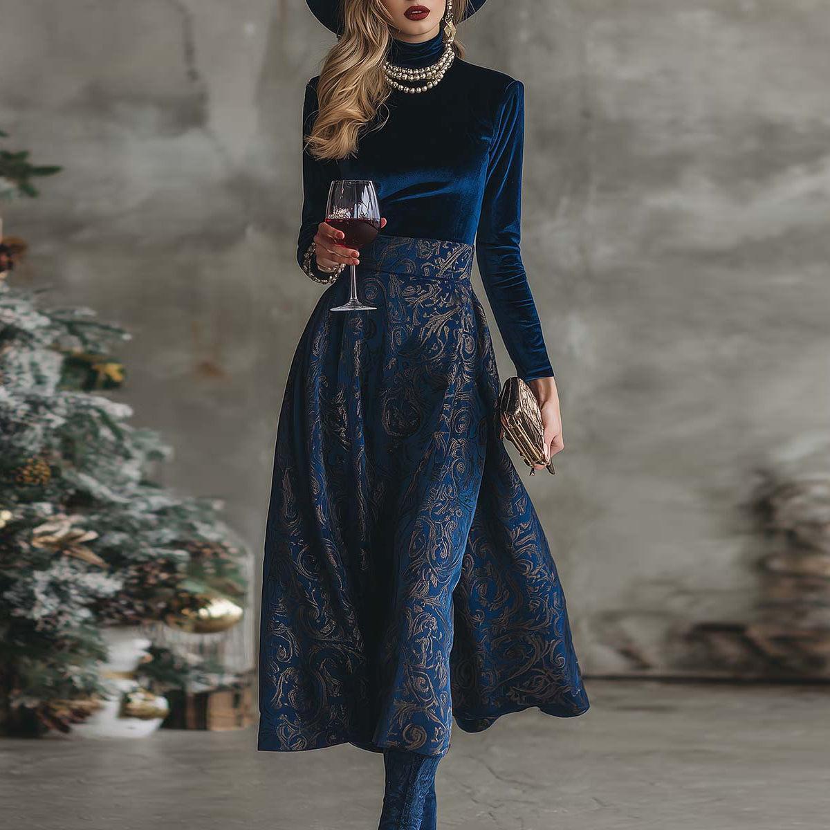 Herbstzauber: Blue Velvet Mock Neck Midi-Kleid – Eleganz trifft Komfort