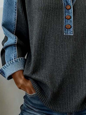 Winter Chic: Casual Patchwork Denim Sleeve Polo Top - Perfekt für kalte Tage