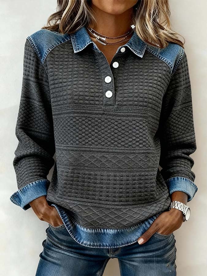 Kuscheliger Winter Damen Patchwork Pullover Sweatshirt Grau